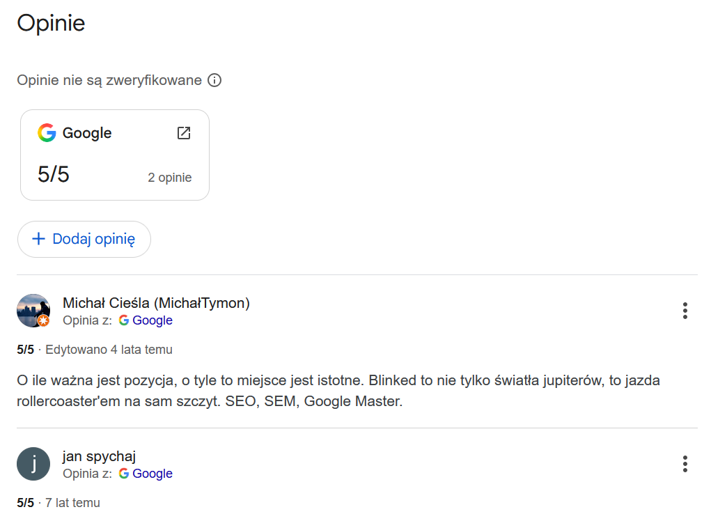 Opinie Google SERM